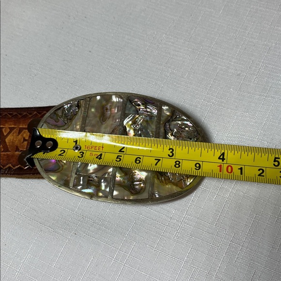 Leather Tooled belt, Abalone inlayed buckle, Mexico - Picture 9 of 11